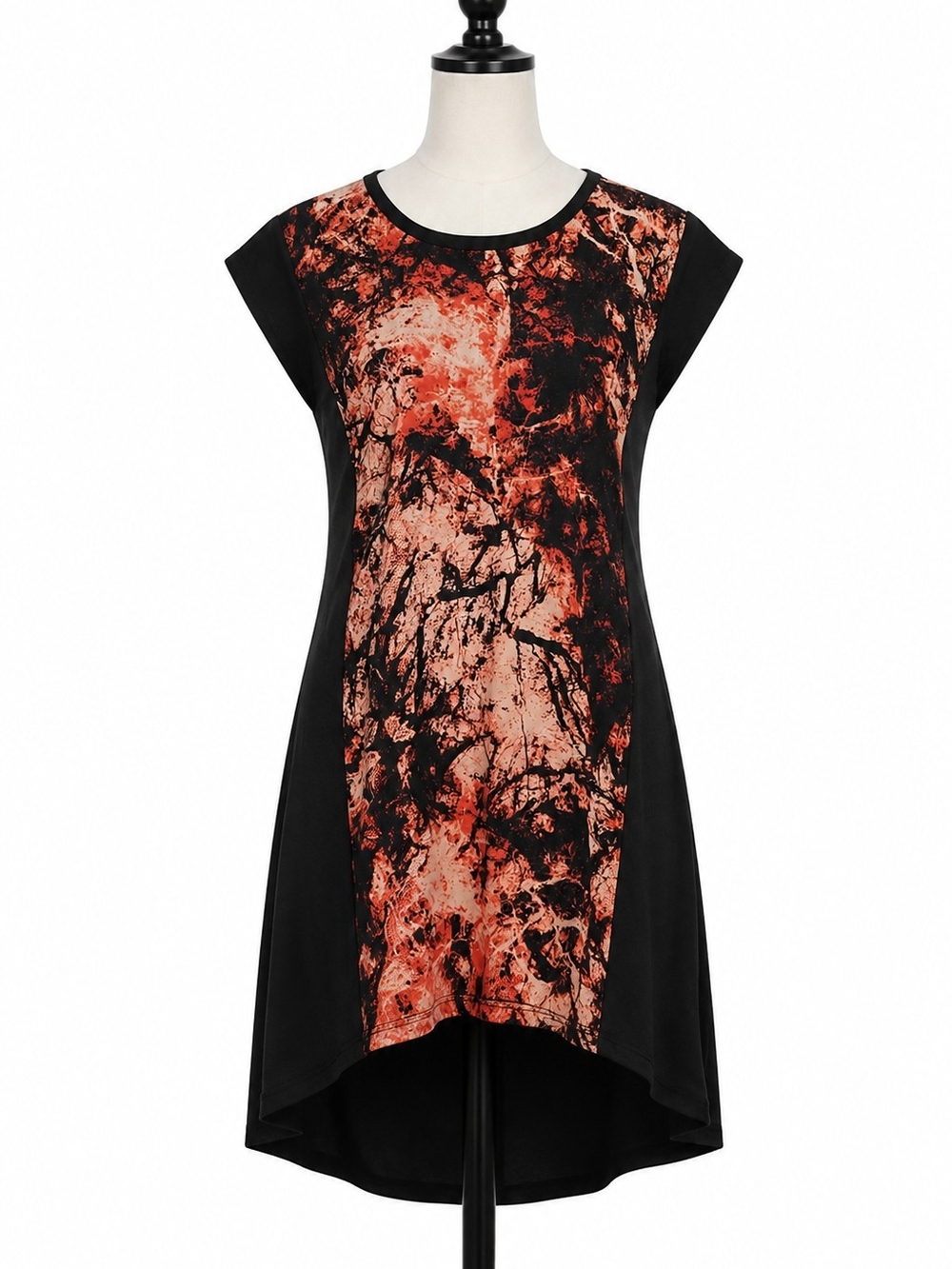 High-Low Cap Sleeve Dress in Black and Red Marble